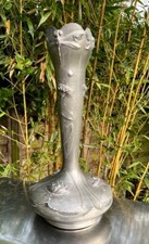 GRAND VASE ART NOUVEAU EN ETAIN LIBELLULES ET NENUPHARS Signé SEIGNEURIE H 42 cm