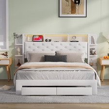 Lit Double 160x200 avec tiroirs et Table de Chevet, avec LED et USB Lit Coffre