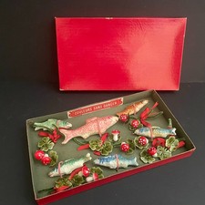 Décoration Noël ancienne - Délicat coffret 6 poissons en composition FRANCE 1900
