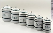 Vintage French SET 6 ENAMEL FOOD CANISTERS Enamelware Kitchen Storage
