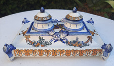 Encrier Double Faïence De Gien XIXe Décor Renaissance L 24 Cm