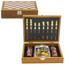Jeux d'échecs en bois et Flasque à alcool en inox 270 ml - Coffret cadeau homme