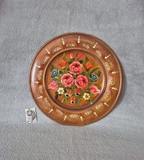 Tableau rond mural en bois décor floral peint main