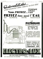 Publicité ancienne voiture Filtrolux l'aspirateur-lux 1929 Almar issue magazine