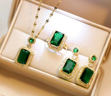 Ensemble Femme, Collier, Boucles d'oreille, Bague réglable, Zircon  émeraude