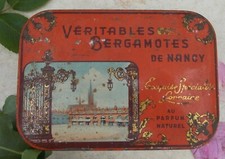 ANCIENNE BOITE EN TOLE FER  PUBLICITAIRE LITHOGRAPHIEE BERGAMOTES DE NANCY