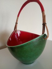 LEON ELCHINGER Soufflenheim - Panier corbeill céramique vert rouge Anse bambou