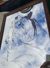 Ancien miroir décoré Pin UP signé Michel Raynaud Prim décor déco femme et oiseau