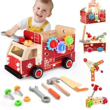 Jouet en Bois Outil Enfant, Camion de Pompier en Bois 2 en 1 et Boite a Outil...