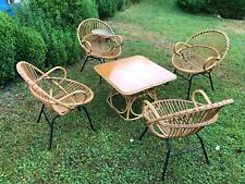 Salon bambou  vintage 1950s - table + 4 fauteuils - design type Janine Abraham