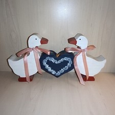 Bougeoir en bois peint main motif oies blanches coeur Alsace folklore