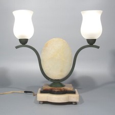 Art Deco Period Vintage French Table Lamp, Marble, Wrought Iron & Frosted Shades