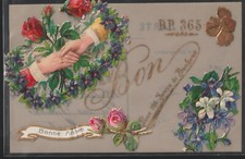 CH192 CELLULOID CHROMO DIE CUT HANDS ROSES VIOLETS New Year 1906