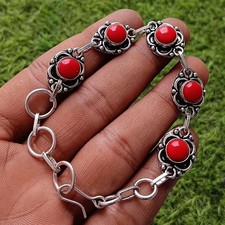 Bracelet chaîne délicat en argent sterling 925 avec maillons en corail rouge