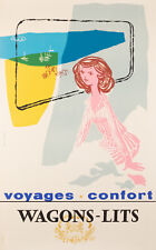 Original Vintage Poster, Colin, Wagons Lits, Sea, Beach, Ship, Boat, Train, 1950
