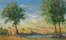 Vintage French Oil Painting Landscape Village Figures Children Horse Dog, Signed