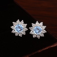 AAA Qualité Aigue-Marine Rond 6x6 MM, 925 Argent Boucles D'Oreilles, Confection