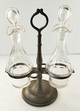 Vinaigrier huilier ancien, verre & métal argenté, fin XIXe- début XXe siècle