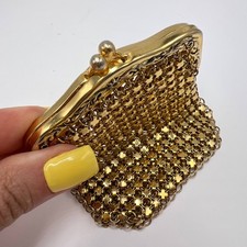 Vintage Porte-Monnaie Maille Plaqué Or Sac Chaînette Fermoir Floral Collectible