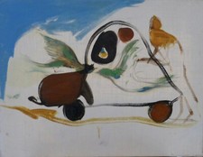 La voiture oiseau - petit tableau huile original sur toile art minimaliste cadeau humour
