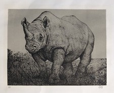 Lithographie Roland CAT (1942-2016) Portrait Animalier Rhinocéros Signée 8/60 XX