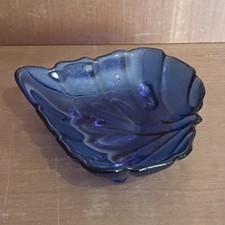 Coupe À Fruits En Verre Bleu Cobalt, Vide Poche Forme Feuille, Vintage