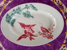 Plat Ovale ancien Faience de Longwy Modèle Oiseaux Décor Bambous et Oiseaux 40cm