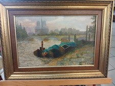   Huile sur toile  ( XIX- XXe )  Péniches sur la Seine 