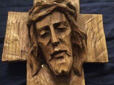 Statue Sculpture Croix PANNEAU Buste Tête  ANCIEN BOIS Jesus CHRIST Crucifix