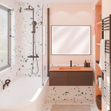 Ensemble meuble salle de bains BRISA – Bois foncé & corail, vasque résine, miroi