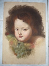 Superbe rare ancien tableau dessin pastel portrait d'enfant aux fruits 19ème