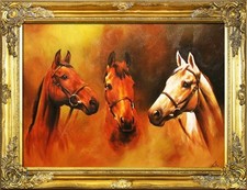Chevaux - Peinture À L'Huile Peint à la Main Cadre Signé 84x63cm, Mural Déco