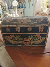 Coffre coffret mariage normand bois peint oiseaux guirlandes fleurs XIXème