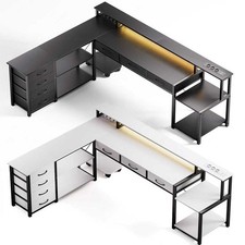 Ureau Gaming en Forme L avec Prises Courant LED avec 7 tiroirs Table d'angle