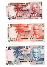 LOT SET SERIE 3 BILLETS MALAWI  1 5 10 KWACHA 1992 -1994 P23 24 25 UNC NEUF