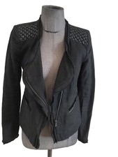 Très Beau Blouson Coton Lin Cuir Noir Maje 36 Tbe