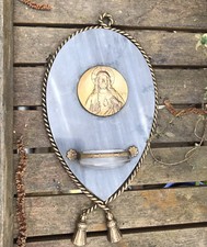 Antique French Holy water Font Grey Marble Jesus sacred heart 1800s 9” brass