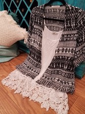 Women Loose Kimono Cardigan Boho Chiffon Coat Jacket Blouse Shirt Top Blk White