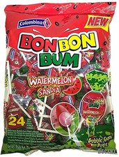 Colombina Bon Bum Bubble Gum Lollipops Watermelon Flavor Hard Candy 24 Packs