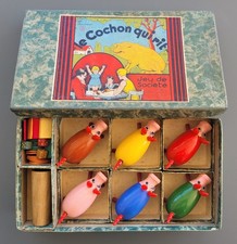 ancien & complet coffret boite 6 cochon qui rit en bois 6 joueurs jeu societe