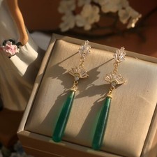 Boucles d'oreille Clous Doré Eventaille Serti CZ Baguette Goutte Agate Vert DZ3