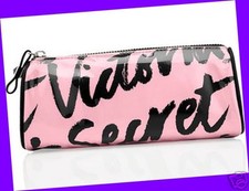 1 Victoria's Secret BLACK & PINK GRAPHIC Makeup Pouch Case Zip-Up Purse Long