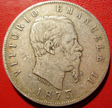 Italie.  Ecu de 5 Lires Victor Emmanuel II 1873 M Milan. TTB