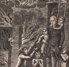 1807 Gravure originale incendie sauvetage d'enfants par un prêtre secourisme