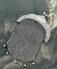 Porte-monnaie 1900 cotte de maille métal argenté décor floral & perlé