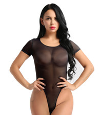 Body sexy échancré noir mesh fine résille transparent original manches courtes