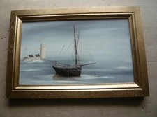 MARINE PAYSAGE DE BATEAU ET DE PHARE A MAREE BASSE  SIGNE AGON