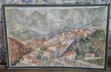 Aquarelle originale du village de Brantes au Mont-Ventoux, Vaucluse, Provence