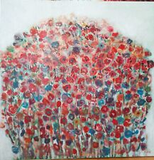 Grand Tableau bouquet Fleurs Coquelicot Rouge Bleu Mauve 80x80cm/toile signé