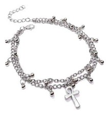 Bracelet de cheville Ankh cheville perlée double chaîne pied bijoux ton argent